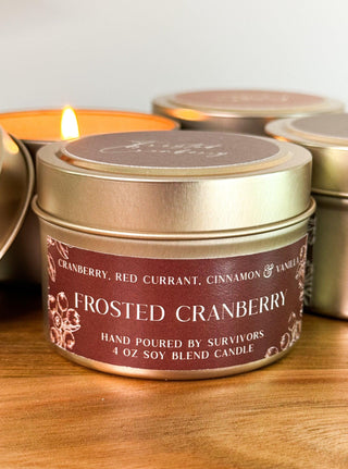 Frosted cranberry soy blend Candle in a travel tin